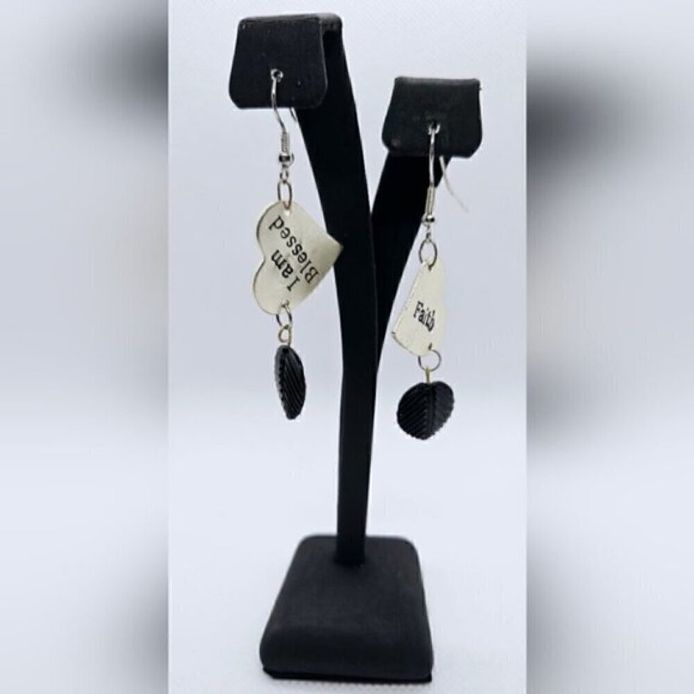 Faith I Am Blessed Heart Dangle Earrings Silver Tone Black Boho Jewelry